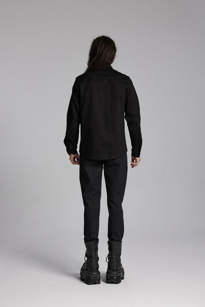 Black Lapel Collar Long Sleeves Zip Mesh Pocket Punk Blouse