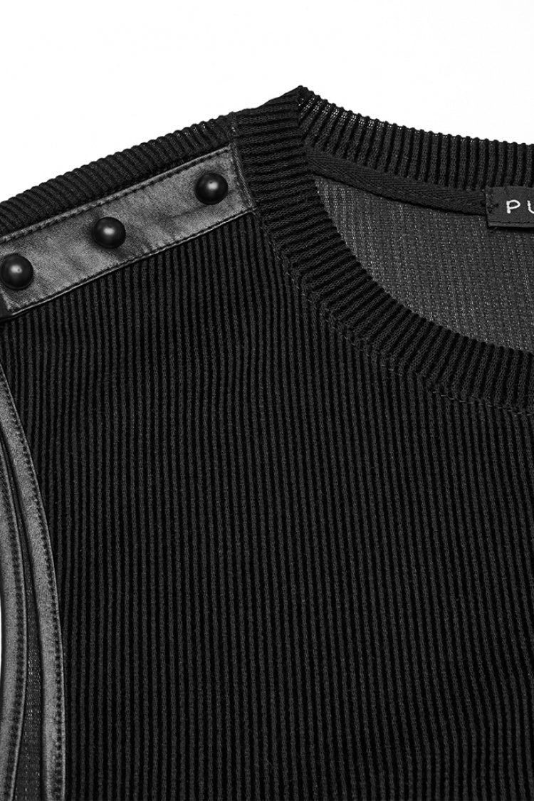 Black Round Collar Sheer Mesh Color Matching Rivet Punk Vest