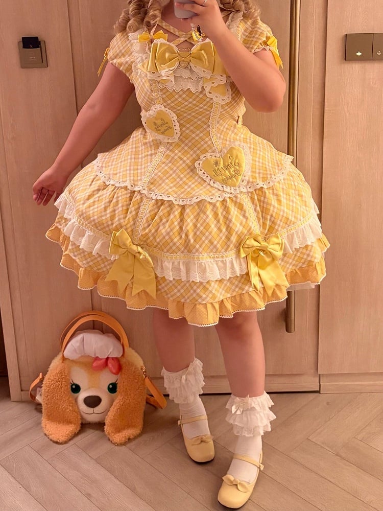 [pre-order Deadline: May 10] Blue/yellow/pink Sweetheart Lolita Ribbon Puff Sleeve Tiered Dress + Bunny Ear Full Set + Cat Ear Full Set