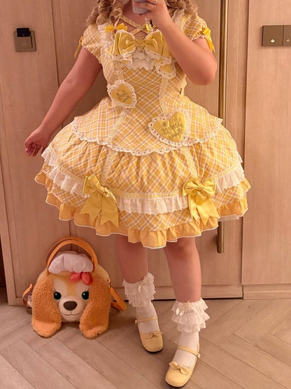 [pre-order Deadline: May 10] Blue/yellow/pink Sweetheart Lolita Ribbon Puff Sleeve Tiered Dress + Bunny Ear Full Set + Cat Ear Full Set