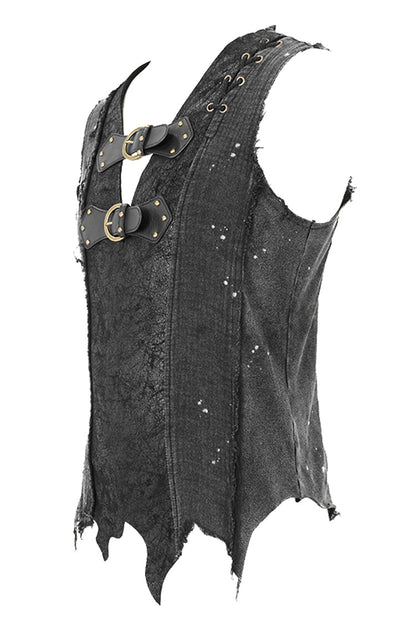 Black V-neck Sleeveless Ripped Buckle Straps Gothic Vest