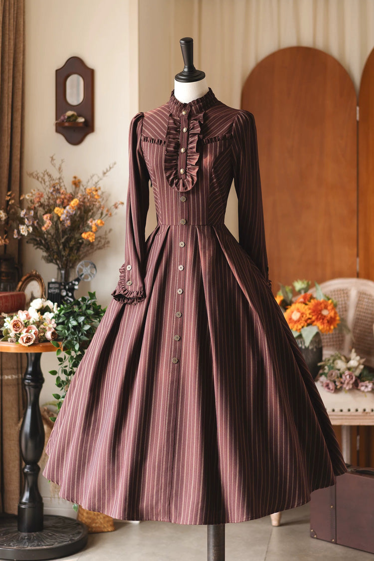 [forest Castle] Stand Collar Long Sleeves Striped Printed Ruffled Classic Lolita Dress 3 Colors