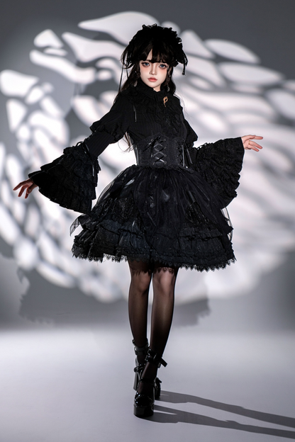 Princess Sleeve Lolita Gothic Blouse + Flare Skirt + Waist Belt