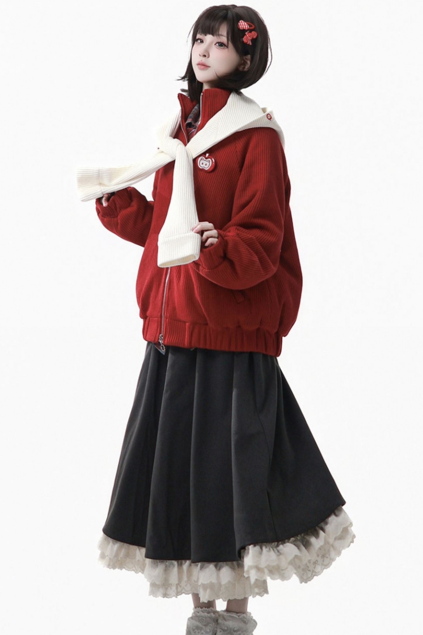 Apple Black Tea Fleece Coat + Hoodie + Long Skirt + Short Skirt + Hood Scarf