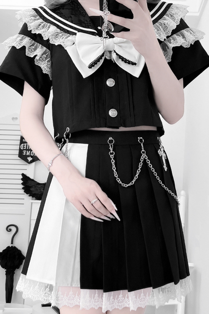 Dark Girl College Sailor Top + Skirt + Ribbon + Skirt Chain