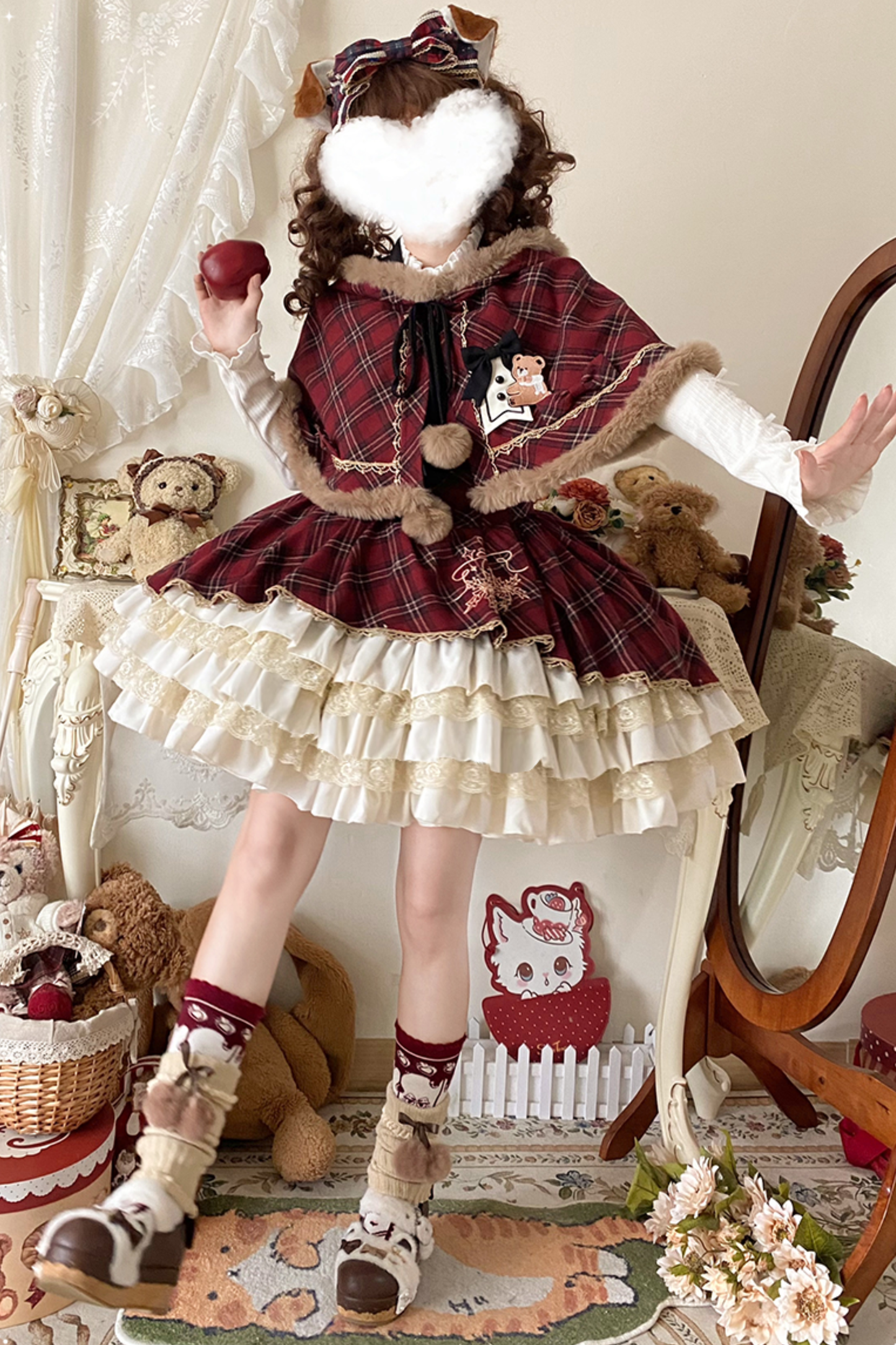 [pre-order] Plaid Lolita Jsk + Hooded Cloak + Knit + Bear Headband