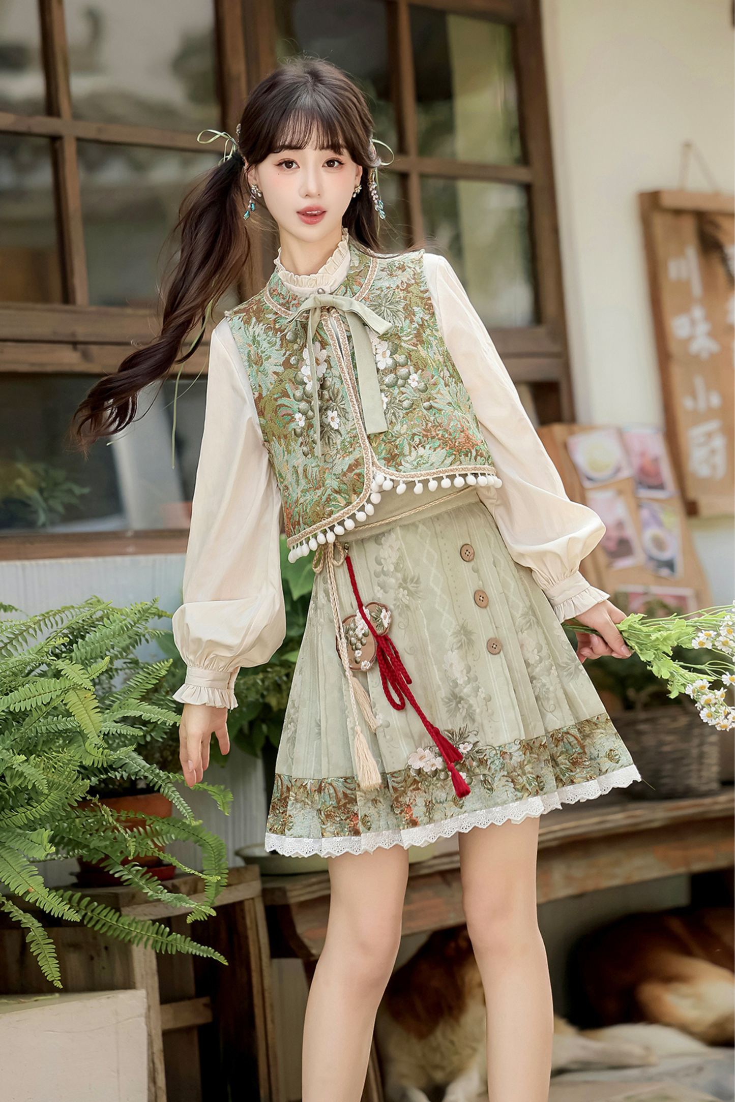 Forest Chinese-style Vest + Blouse + Skirt