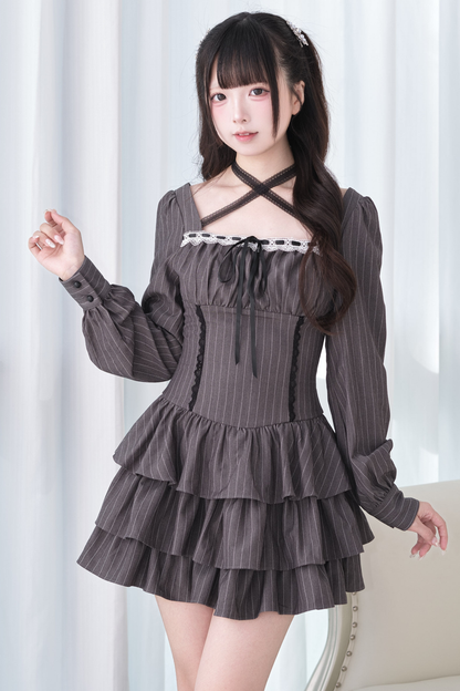 Striped Plaid Cross Neck Ruffle Dress