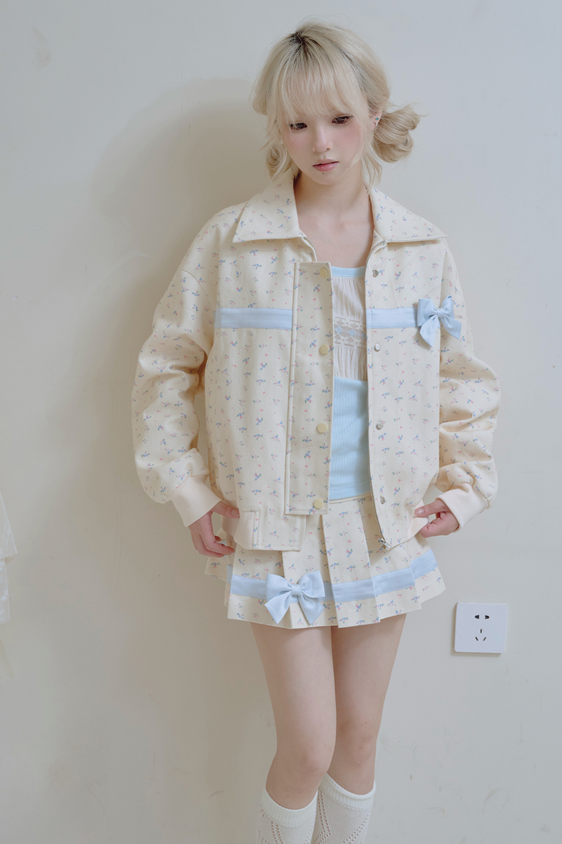 Flower Ribbon Jacket + Pleated Skirt