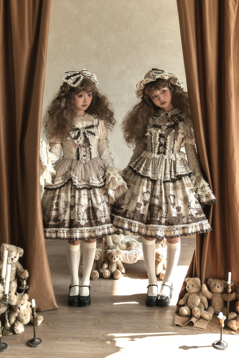 Briana Bear Print Dream Doll Lolita Dress + Jsk + Skirt + Shirt + Petticoat