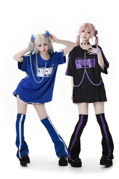 Subculture Loose Oversized T-shirt + Pants + Leg Warmers + Angel Devil Hairpins