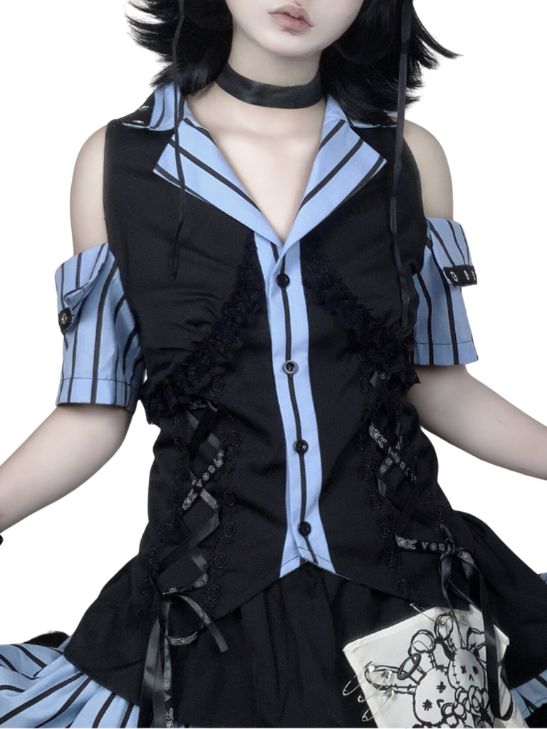 Code Rabbit Original Off Shoulder Striped Shirt + Asymmetric Striped Tiered Skirt + Cross Necktie