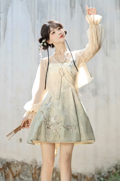 Chinese-style Gradient Retro Dress + Sheer Cardigan
