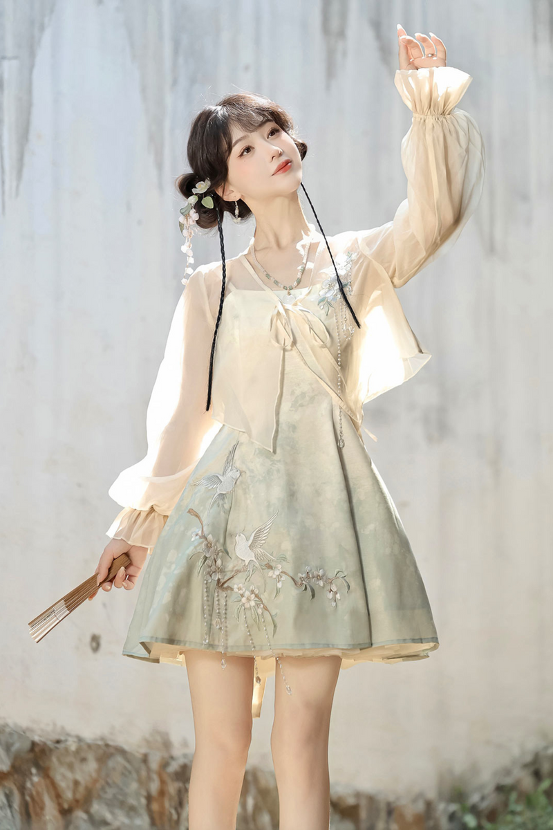 Chinese-style Gradient Retro Dress + Sheer Cardigan