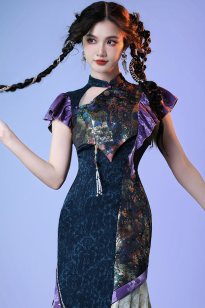 Colorful Weave Pleated Cheongsam Dress