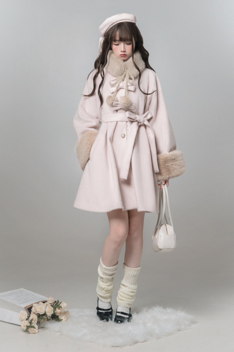 Sweet Girly Ribbon Flared Coat + Fur Collar + Shirt + Skirt + Beret