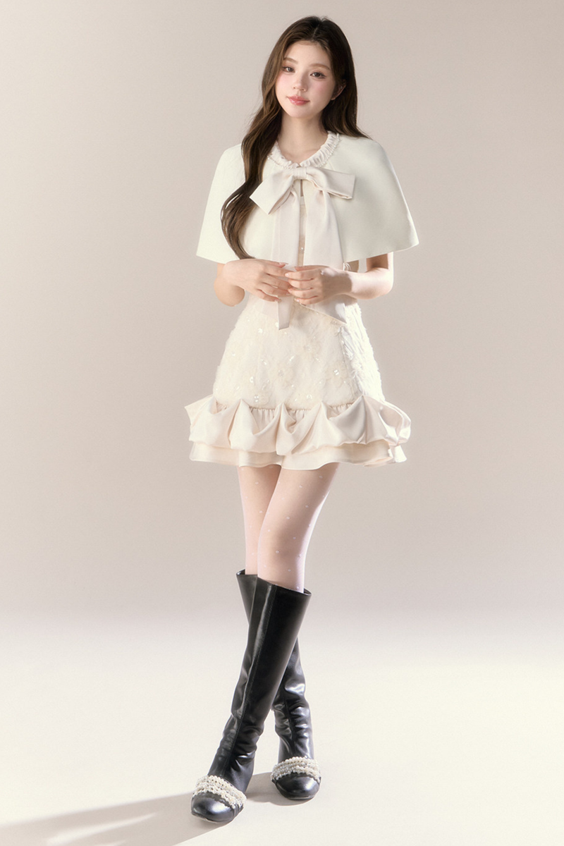 Ruffle Girly Pure Sleeveless Dress + Ribbon Cape
