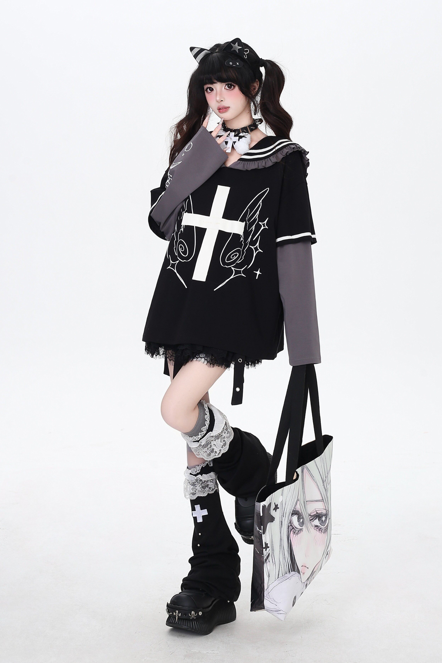Cross Design Ruffled Sailor Top