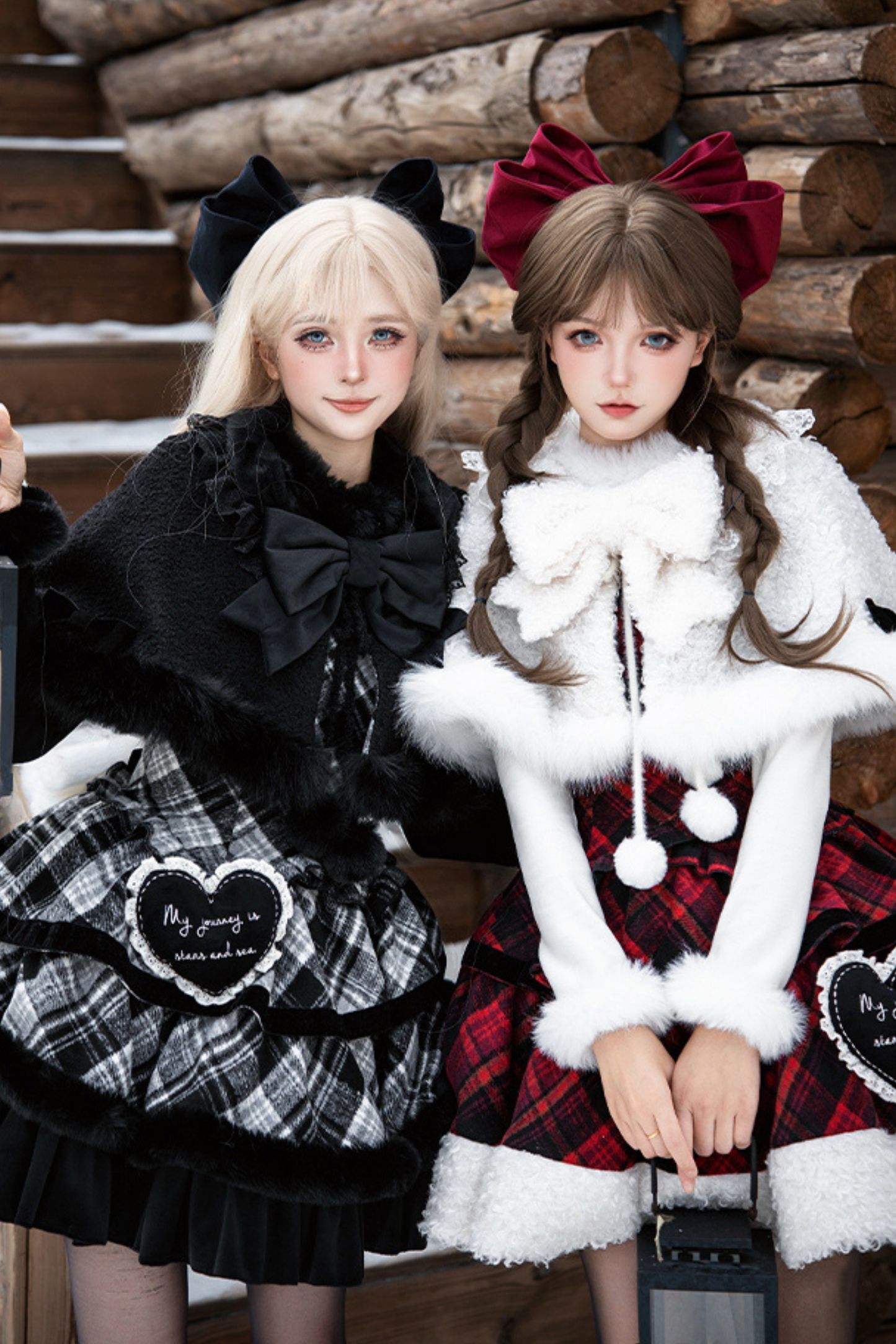 Checked Doll Jumper Skirt + Bow Brooch + Pin + Love Brooch + Shawl + Top + Leg Warmers