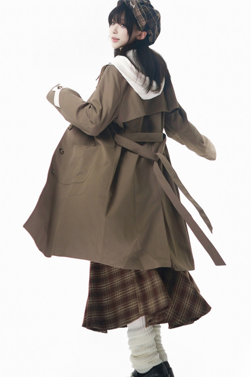 Maple Trench Coat + Hooded Top + Checkered Skirt + Shirt Dress