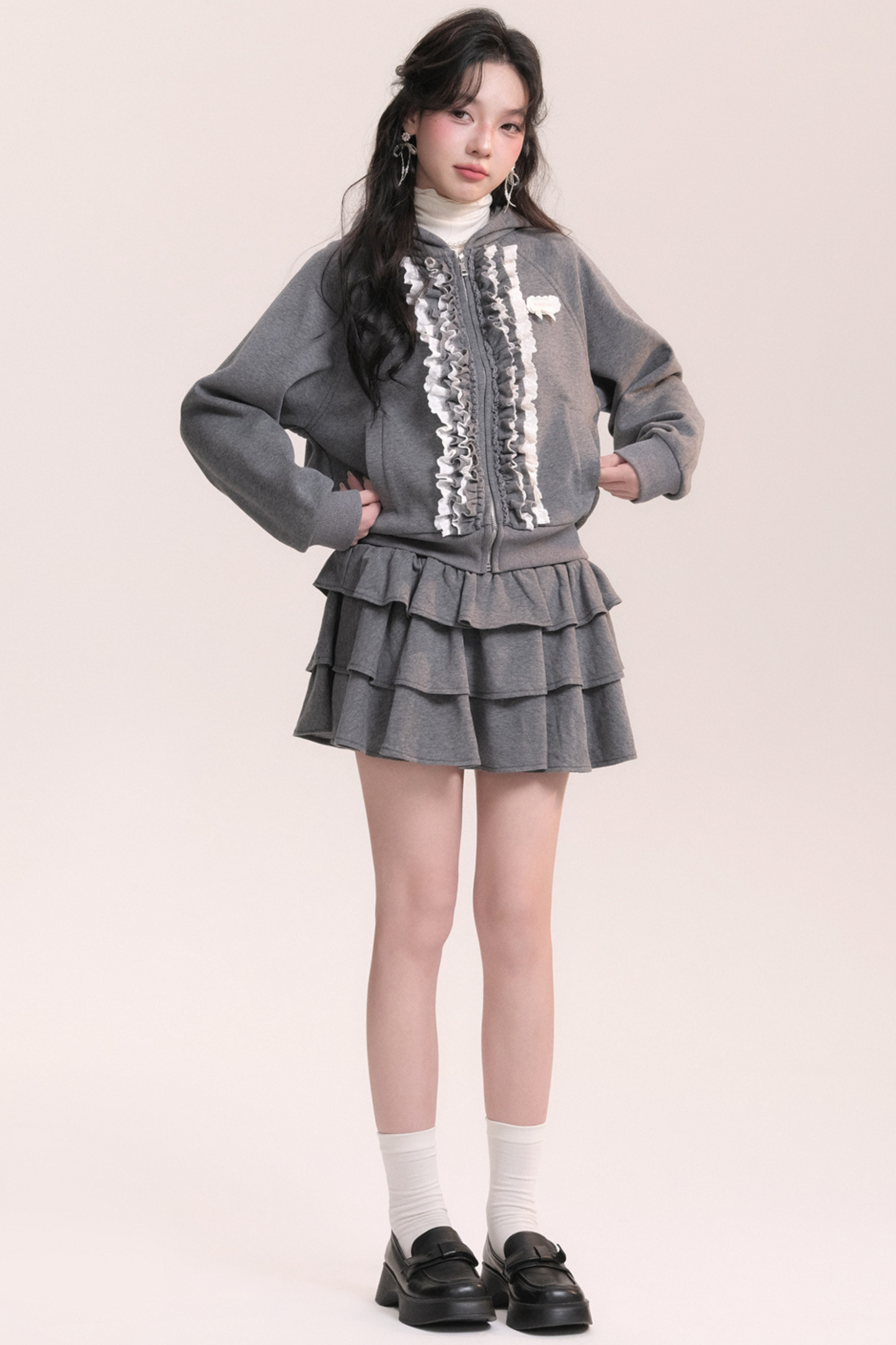 Ballet Lace Sweatshirt Hooded Jacket + Tiered Skirt