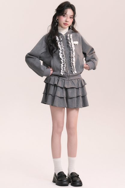 Ballet Lace Sweatshirt Hooded Jacket + Tiered Skirt