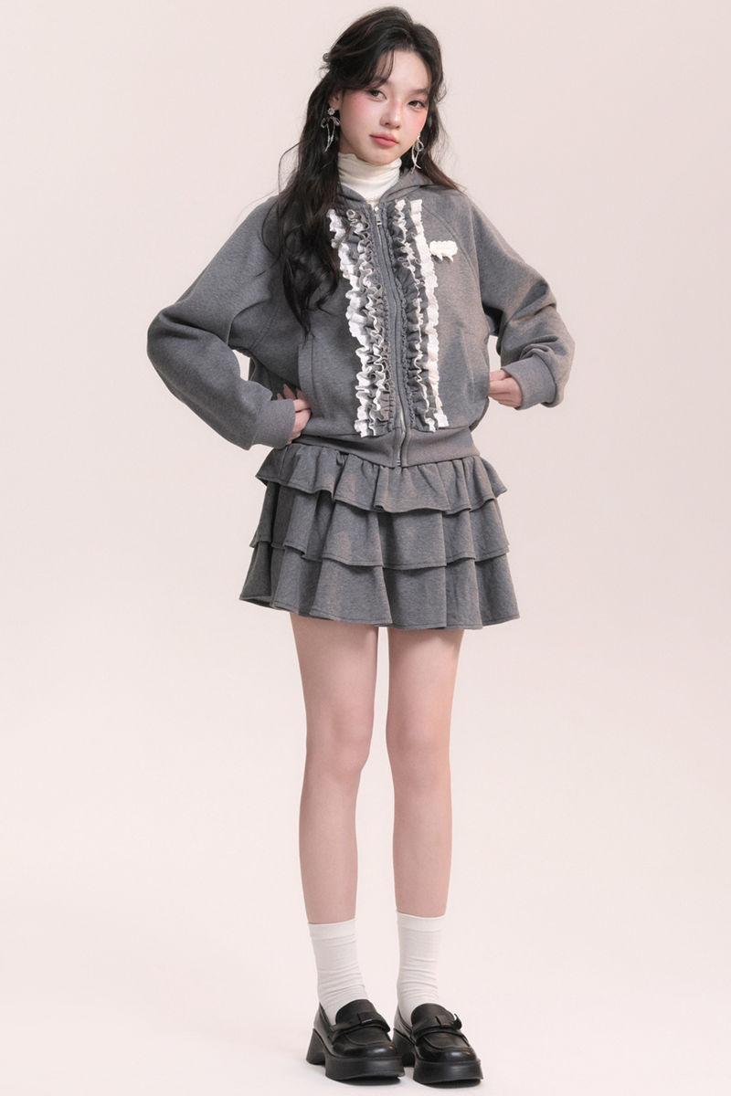 Ballet Lace Sweatshirt Hooded Jacket + Tiered Skirt