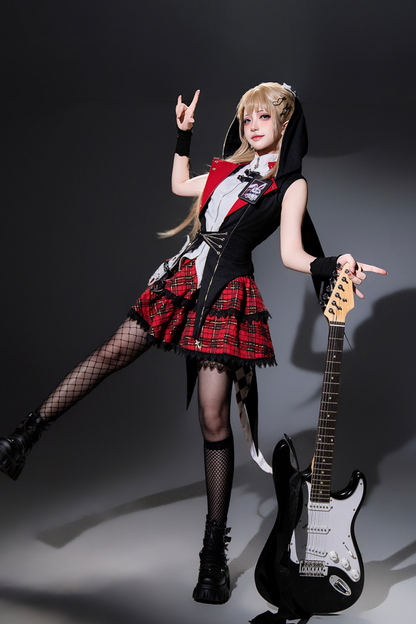 [pre-order] Bunny Rock Star Girl Hooded Jacket + Blouse + Plaid Skirt