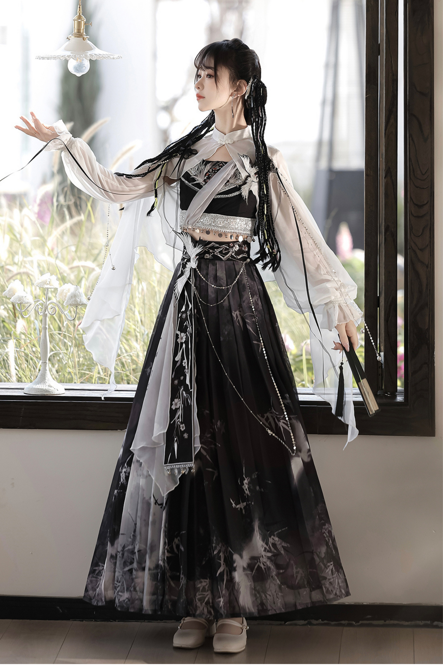 Retro Dark China Skirt + Camisole + Sheer Coat
