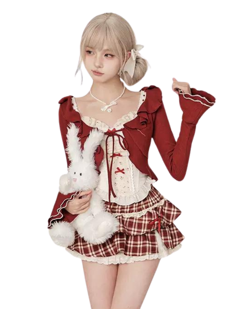 Red Wine Sweet Cherry Summer Suit Red Cardigan + Vest Top + High Waist Red Plaid Skirt