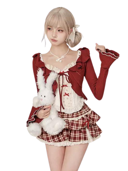 Red Wine Sweet Cherry Summer Suit Red Cardigan + Vest Top + High Waist Red Plaid Skirt