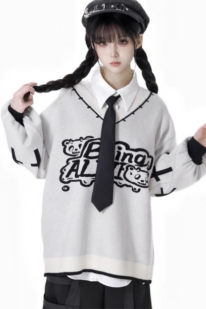 Cat Ear Hooded Top + Loose Knit Sweater + Cargo Pants + Strap Skirt