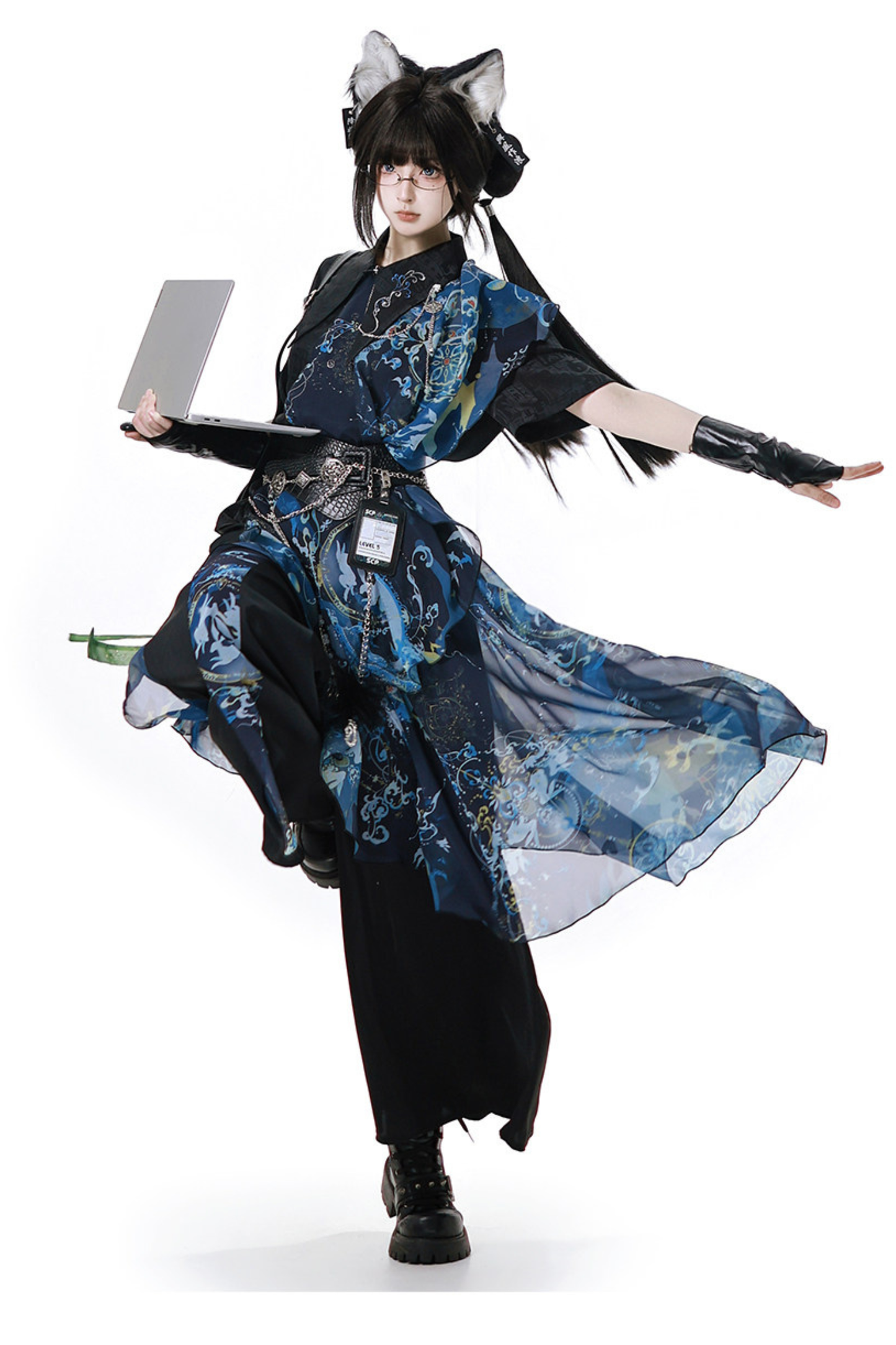 Dark Chinese-style Shirt + Wide Leg Pants + Chain + Belt