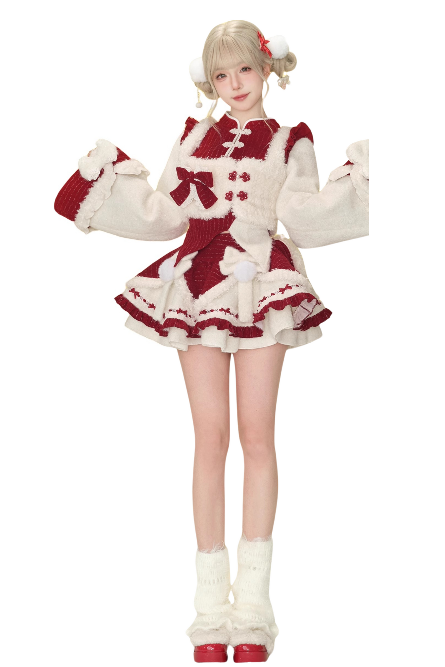 Fur Chinese-style Design Vest + Red Chinese-style Top + Flare Short Skirt