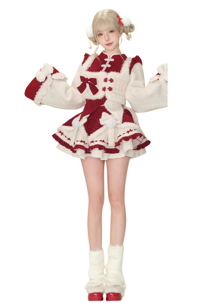 Fur Chinese-style Design Vest + Red Chinese-style Top + Flare Short Skirt