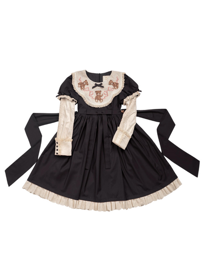[pre-order] Lolita Teddy Bear Flap Lace Puff Sleeve Ribbon Dress