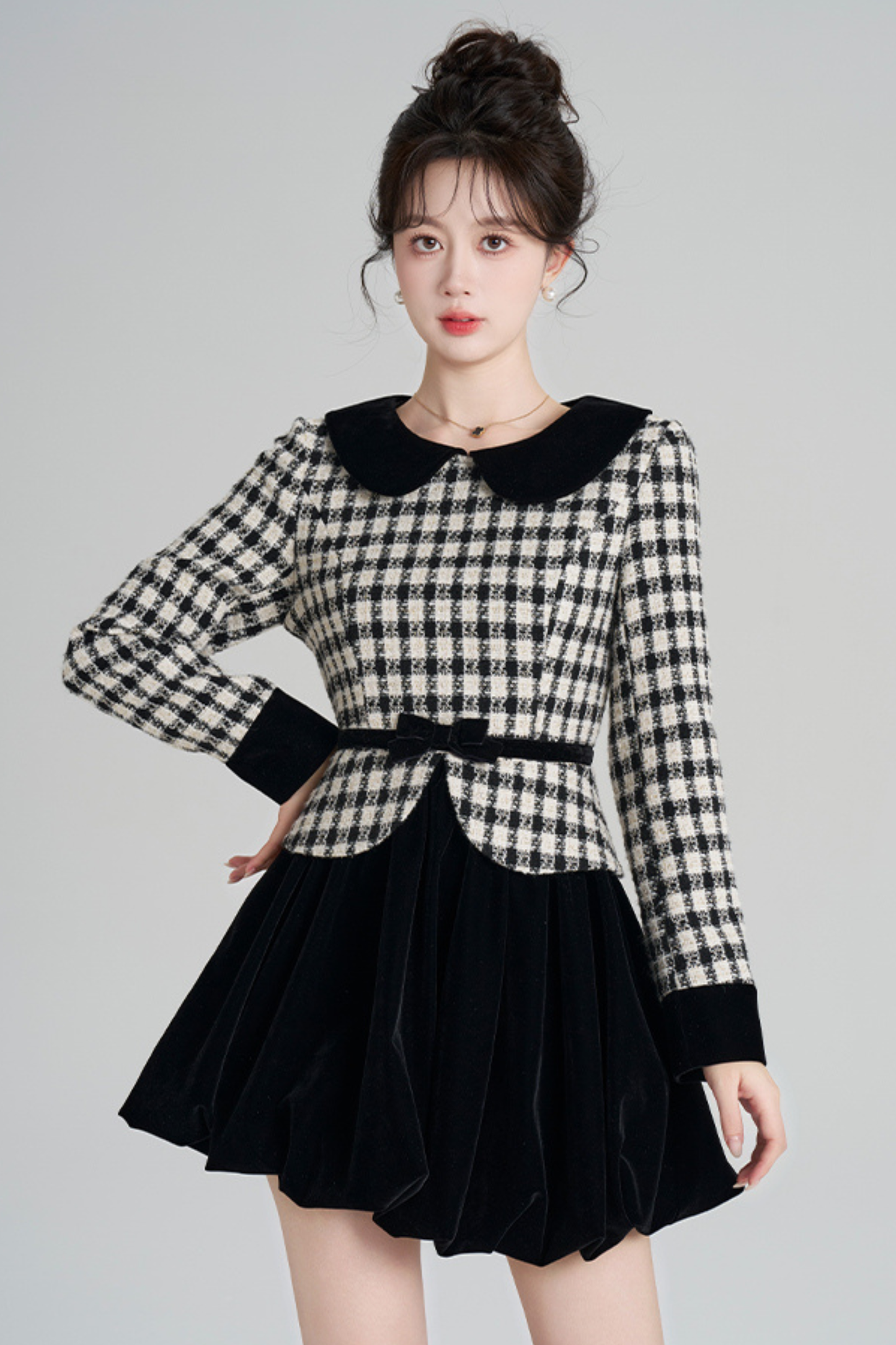 Velvet Monochrome Plaid Dress