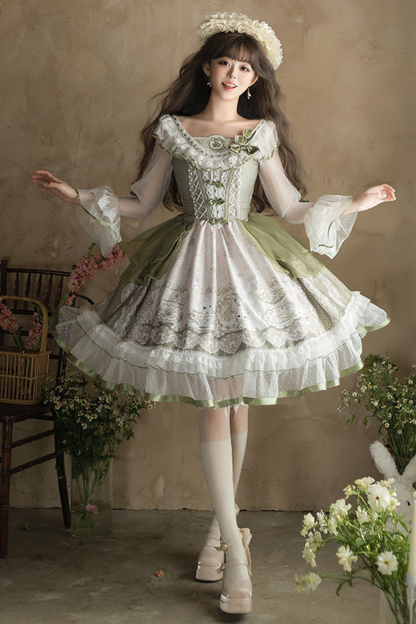 [pre-order] Fresh Green Print Kula Lolita Dress + Brooch