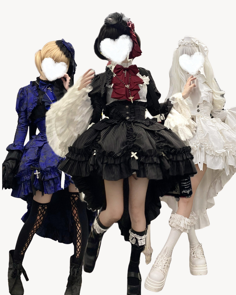 [pre-order Deadline: March 31] Cross Nocturne Gothic Dark Stripe Layered Top + Cross Rose Stripe Pull Up Skirt