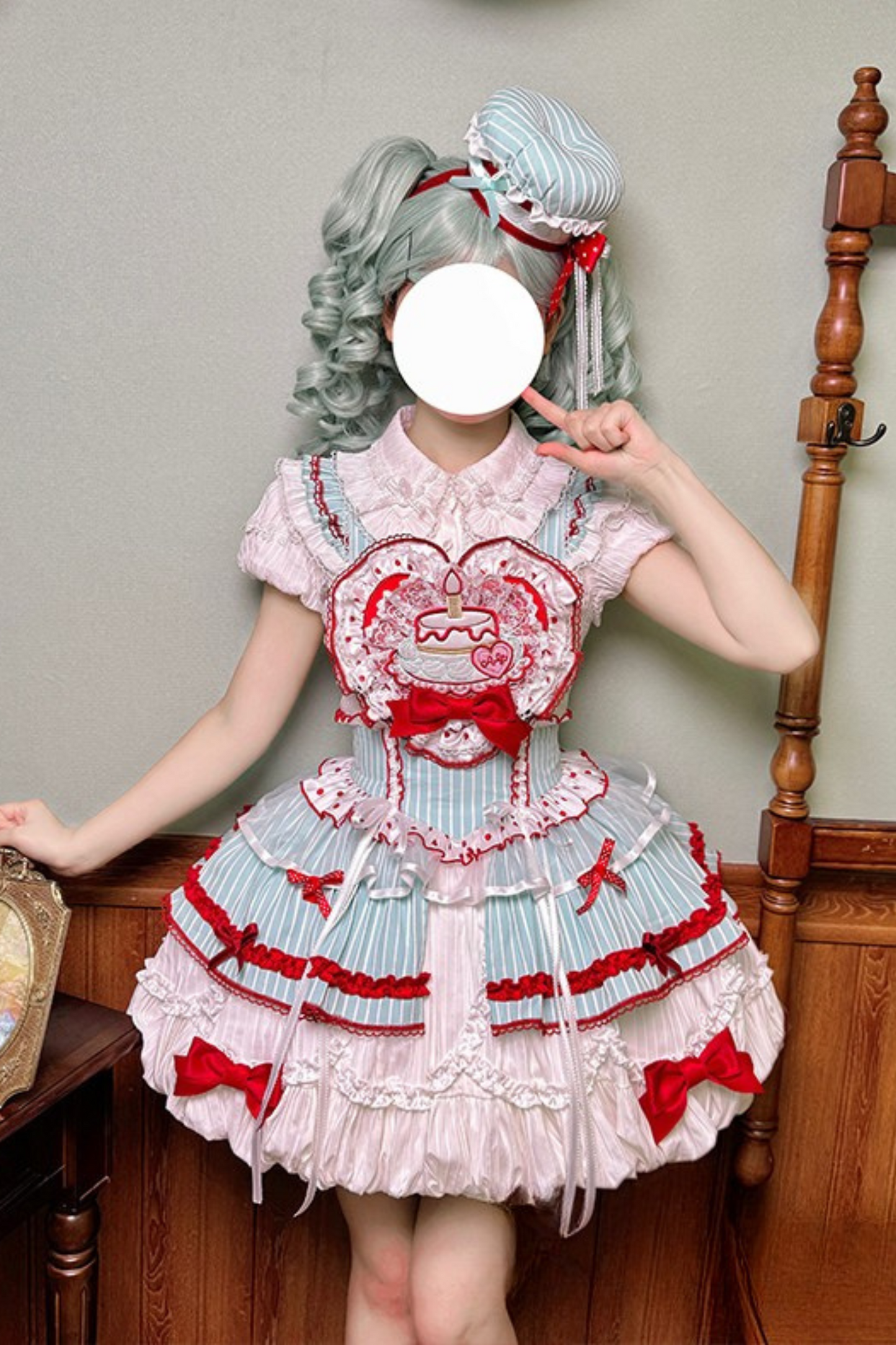 [pre-order Deadline: April 3] Twin Tiered Lolita Dot Ribbon Striped Dress + Flower Bud Skirt Dress