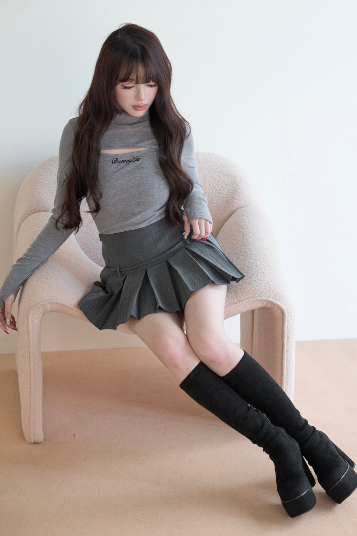 High Neck Knit Top + Plaid Skirt