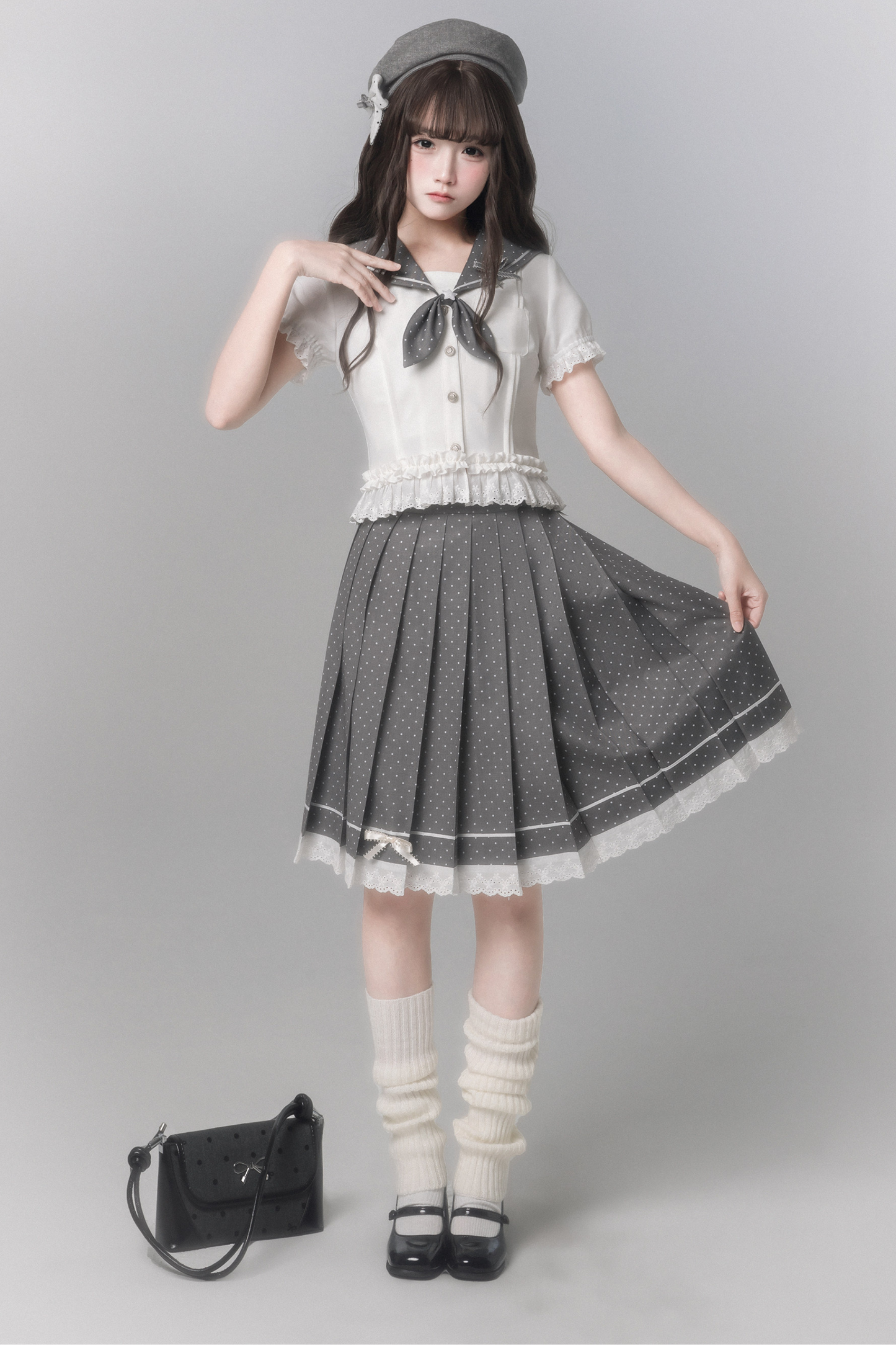 Sweet College Style Top + Polka Dot Pleated Skirt + Bow Tie