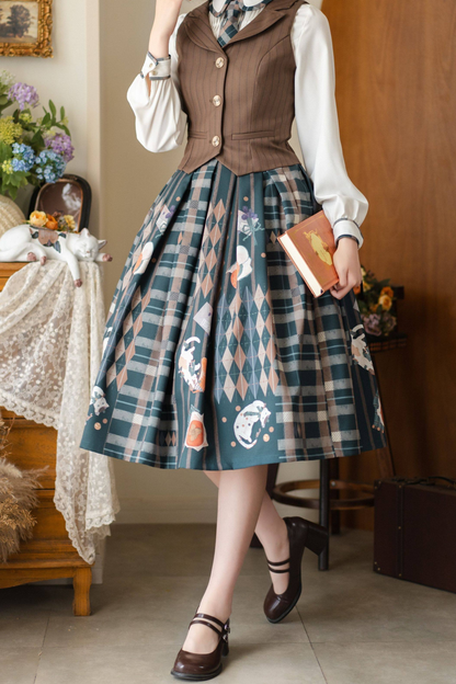 Retro Classic Academy Shirt + Vest + Plaid Skirt