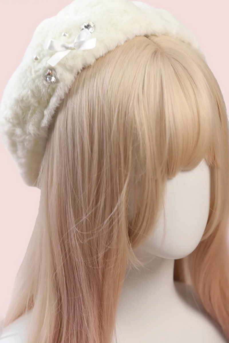 Ribbon Pearl Fur Beret