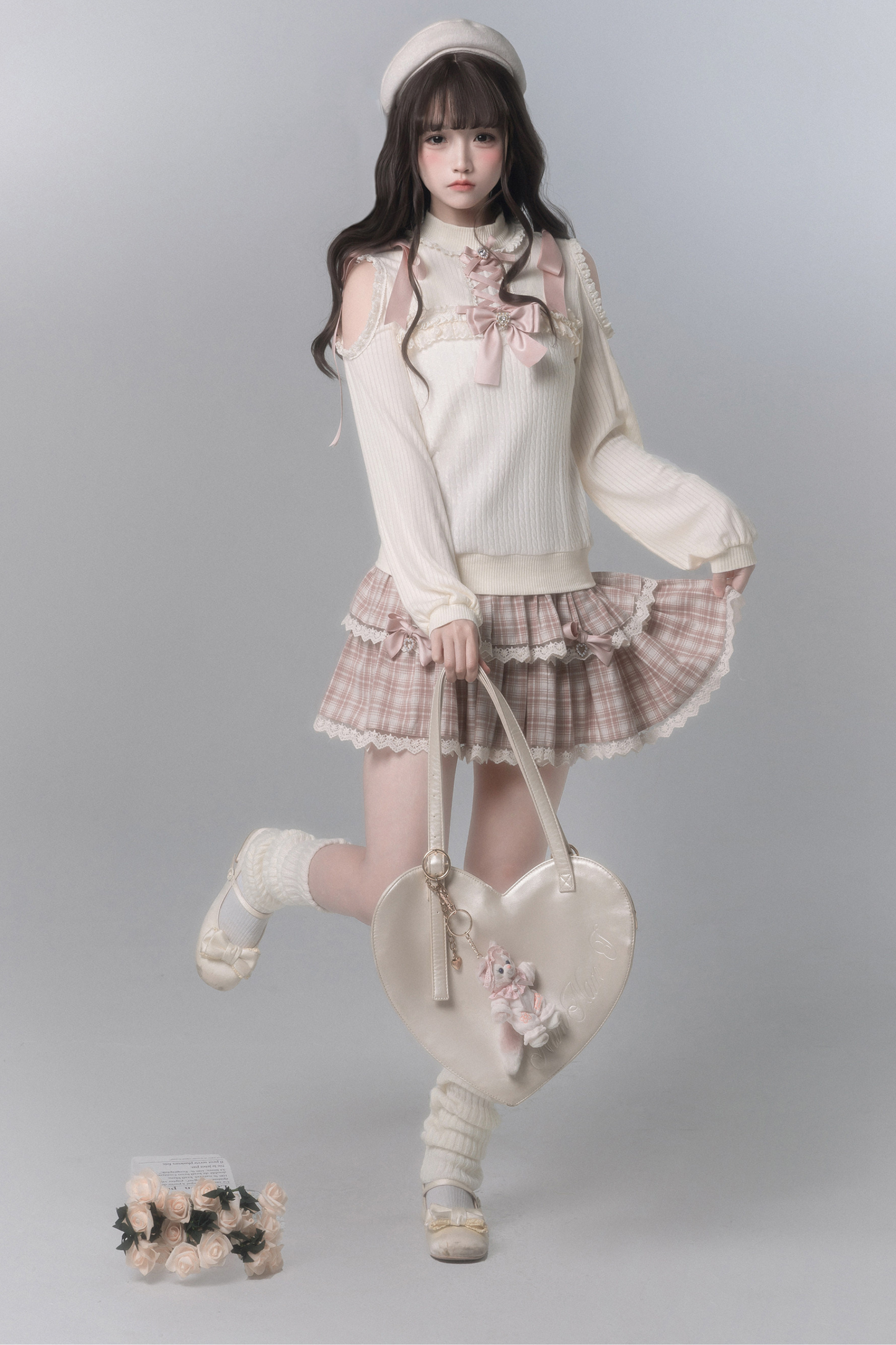 Sweet Off Shoulder Knit Top + Checkered Skirt + Bow Tie