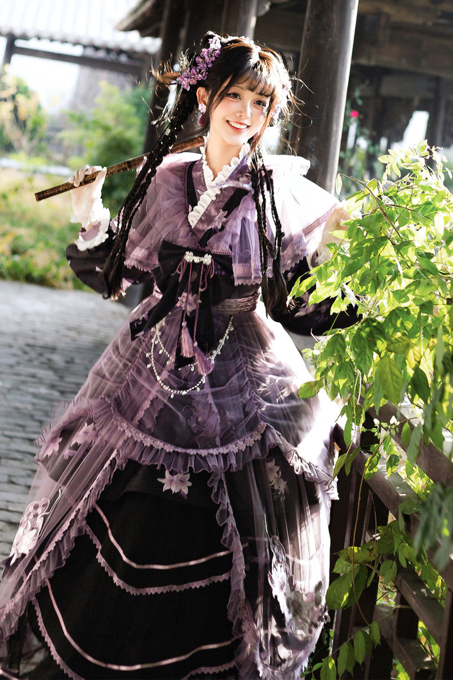 Dark Chinese-style Cross Collar Dress + Overdress + Skirt