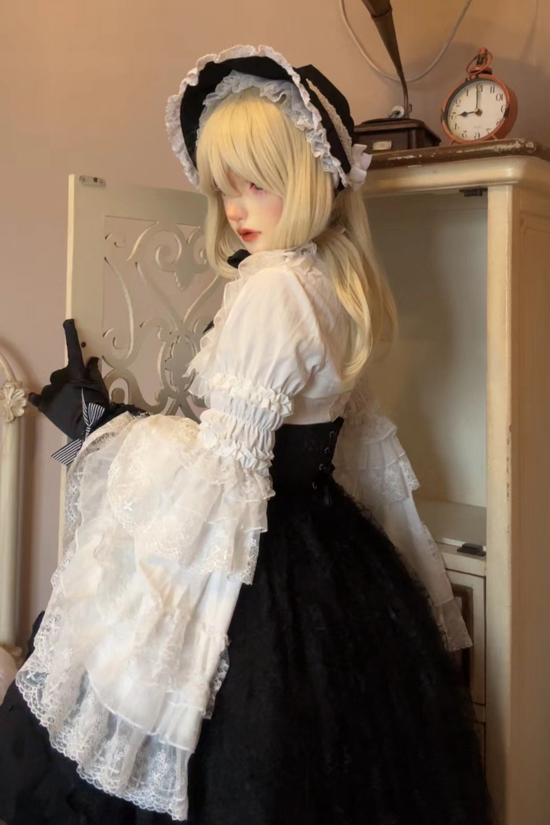 Gothic Super Jisleeve Lolita Shirt + Ruffle Skirt + Hat