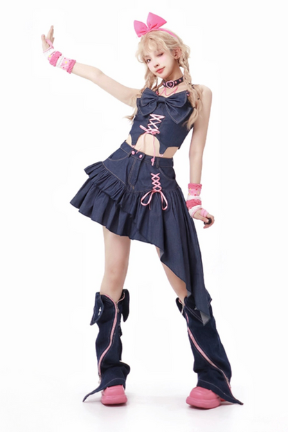 Y2k Denim Lace-up Top + Asymmetrical Ruffle Skirt