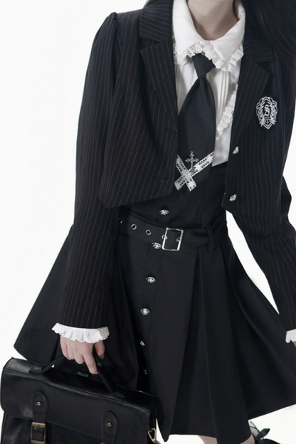 College Jacket + Suspender Skirt + Blouse + Tie
