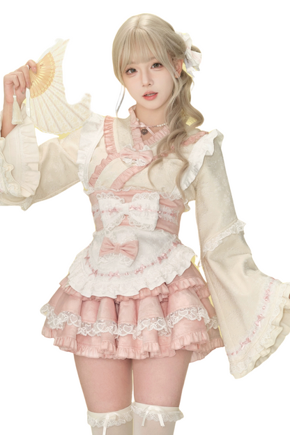 Cherry Blossom Japanese Style Top + Ribbon Girdle Apron + Pink Lace Tiered Skirt